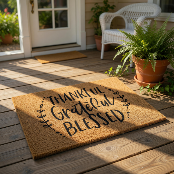A textured area rug with the phrase "THANKFUL GRATEFUL BLESSED" printed on it.
