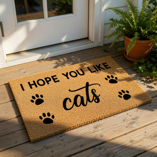 A beige doormat with the text "I HOPE YOU LIKE cats" printed on it, along with four paw prints.