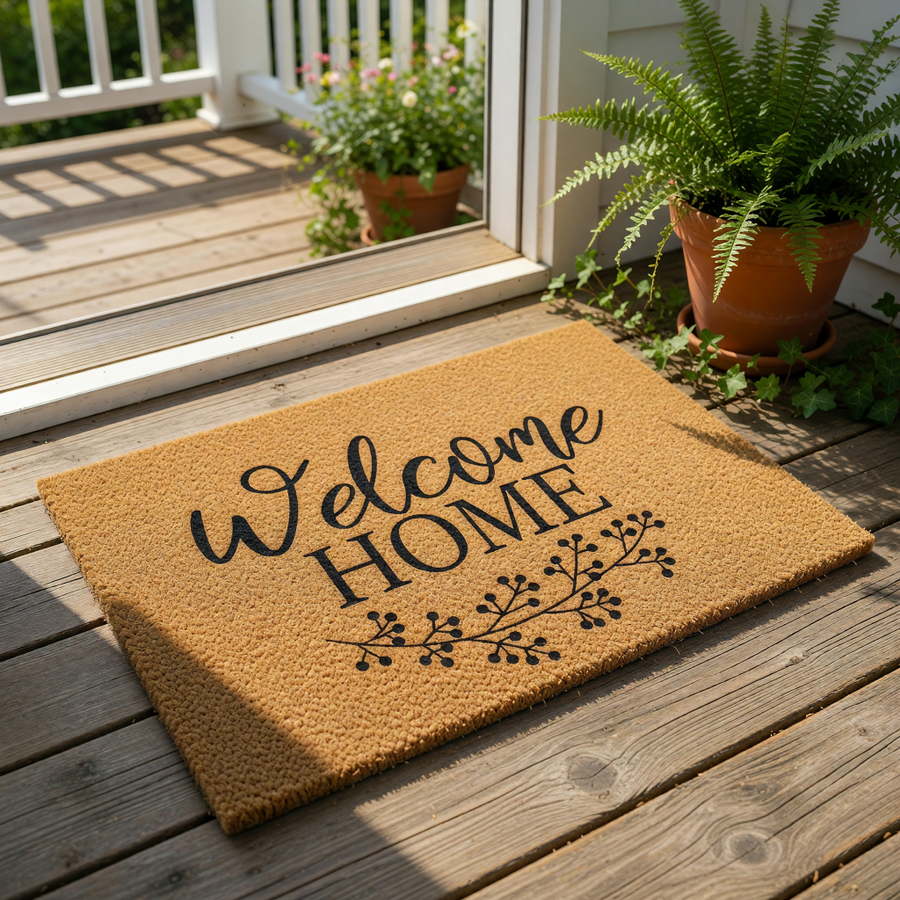 A textured, beige-colored welcome mat with the phrase "Welcome Home" printed on it.