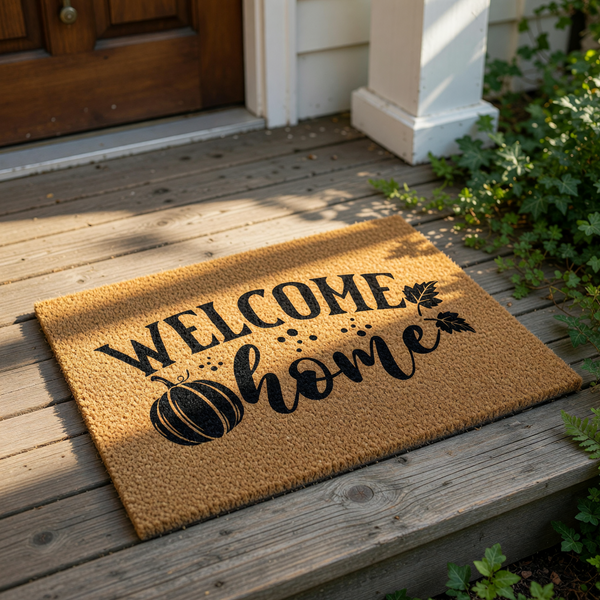 A welcome mat with the text "WELCOME home" printed on it, along with a pumpkin and leaves.