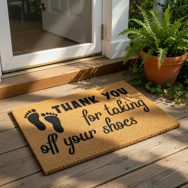 A welcome mat with a message that says "THANK YOU for taking off your shoes" and a graphic of a footprint.