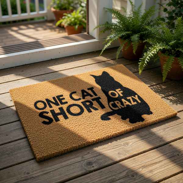 A black and white image of a cat sitting on a mat with the text "ONE CAT OF CRAZY" printed on it.