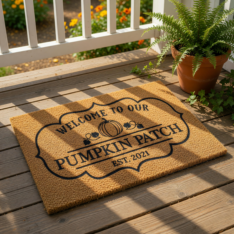 a welcome mat with a decorative border and text that reads "Welcome to Our Pumpkin Patch EST. 2021".