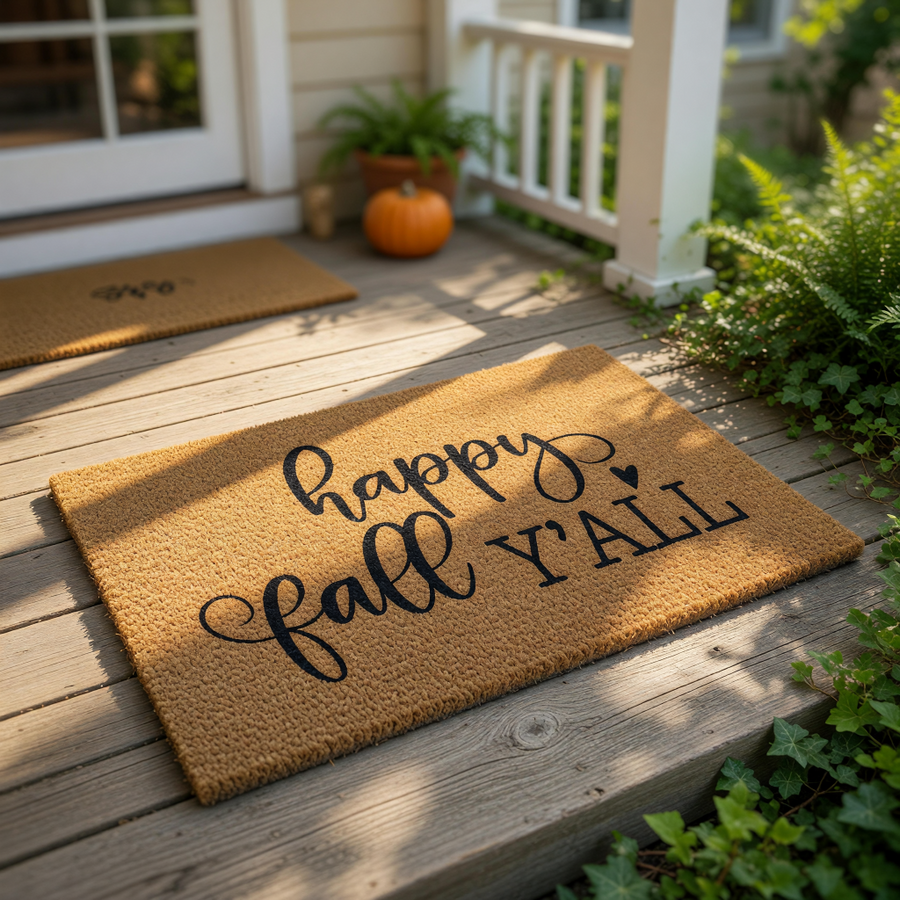 A textured doormat with the phrase "happy fall y'all" printed on it.
