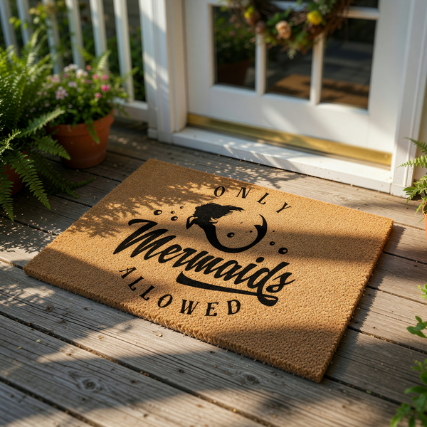 A black and white image featuring a textured area rug with the phrase "Only mermaids allowed" printed on it.