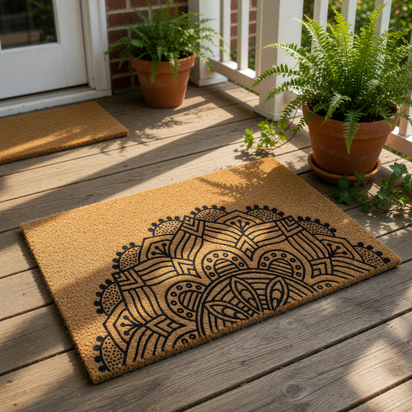 a decorative, hand-painted design on a textured surface, likely a mat or rug.