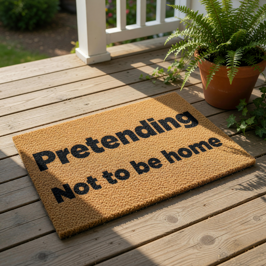 a textured doormat with the phrase "Pretending Not to be home" printed on it.