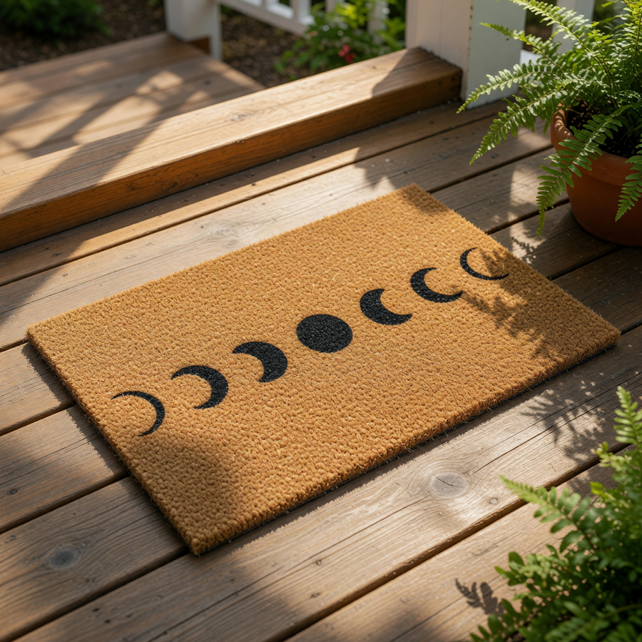 A beige textured area rug with a black line design depicting the phases of the moon.