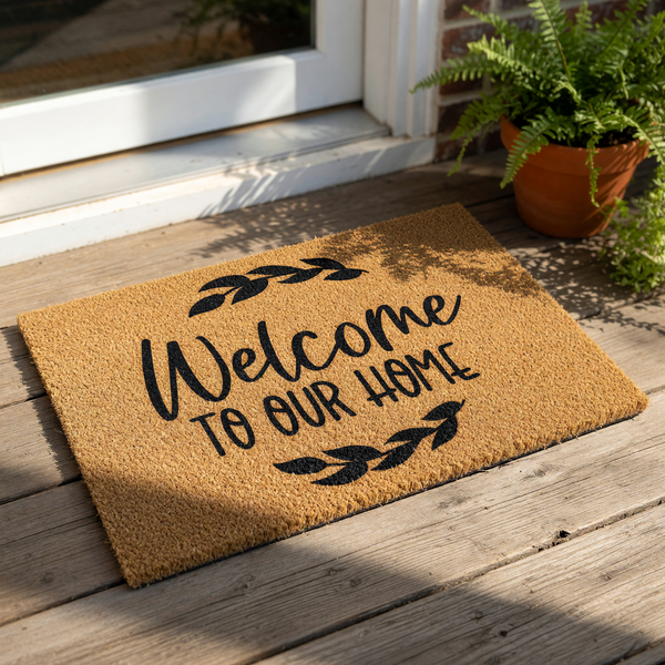 A welcome mat with the text "Welcome to our Home" printed on it, placed on a wooden surface.