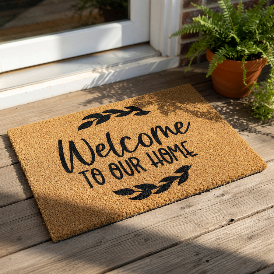 A welcome mat with the text "Welcome to our Home" printed on it, placed on a wooden surface.