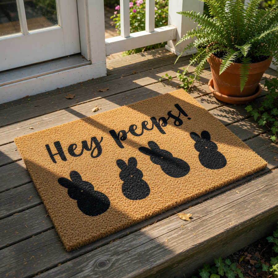 A beige doormat with the text "Hey peeps!" and four black silhouettes of Easter bunny rabbits.