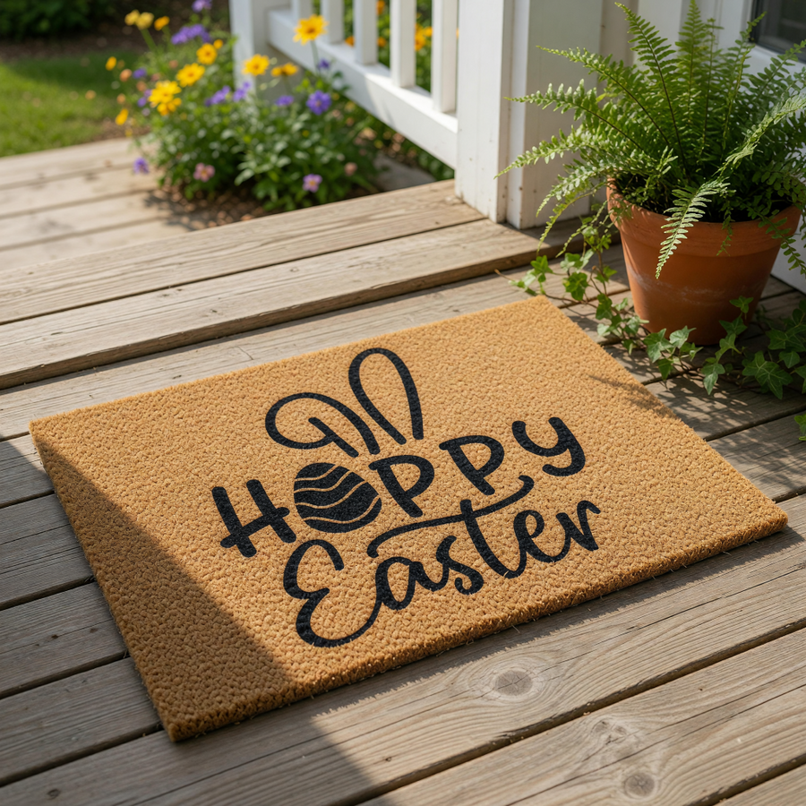 A textured area rug with the phrase "All Hoppy Easter" printed on it.