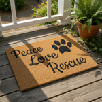 doormat, doormats, funny doormat, funny doormats, welcome mat, door mat, Peace Love Rescue, Rescue Dog, Housewarming Gift, New Home Gift, Pet Adoption Gift, Dog Mom Gift, Rescue Owner