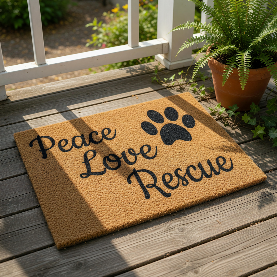 doormat, doormats, funny doormat, funny doormats, welcome mat, door mat, Peace Love Rescue, Rescue Dog, Housewarming Gift, New Home Gift, Pet Adoption Gift, Dog Mom Gift, Rescue Owner