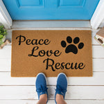 doormat, doormats, funny doormat, funny doormats, welcome mat, door mat, Peace Love Rescue, Rescue Dog, Housewarming Gift, New Home Gift, Pet Adoption Gift, Dog Mom Gift, Rescue Owner