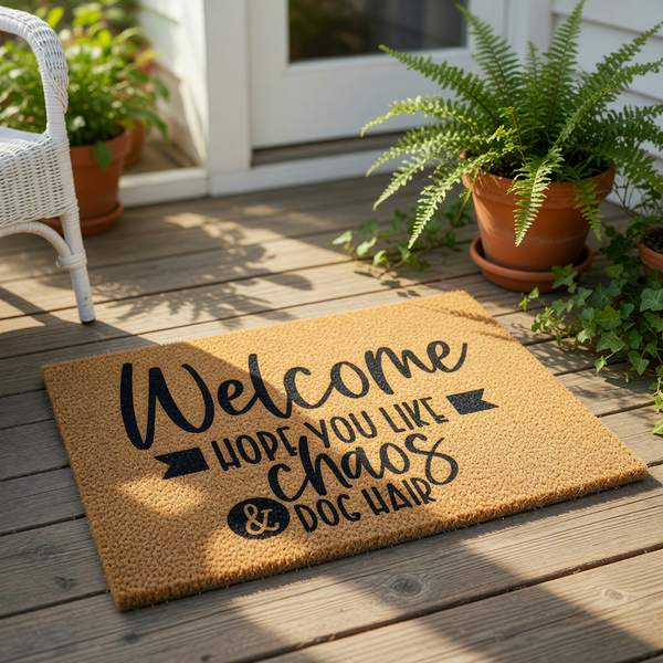 A welcome mat with the text "Welcome Hope you like chaos & dog hair" printed on it.