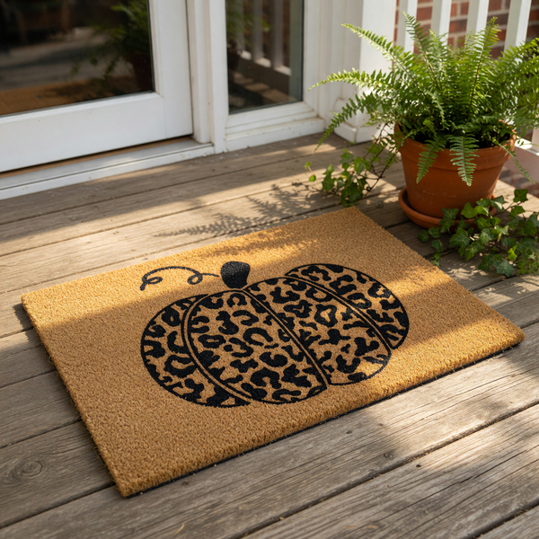 A decorative pumpkin-shaped doormat with a leopard print pattern is placed on a gray floor, with a window and a plant visible in the background.