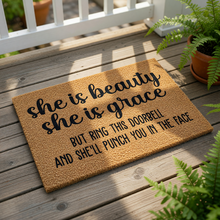 A textured doormat with a humorous message printed on it.