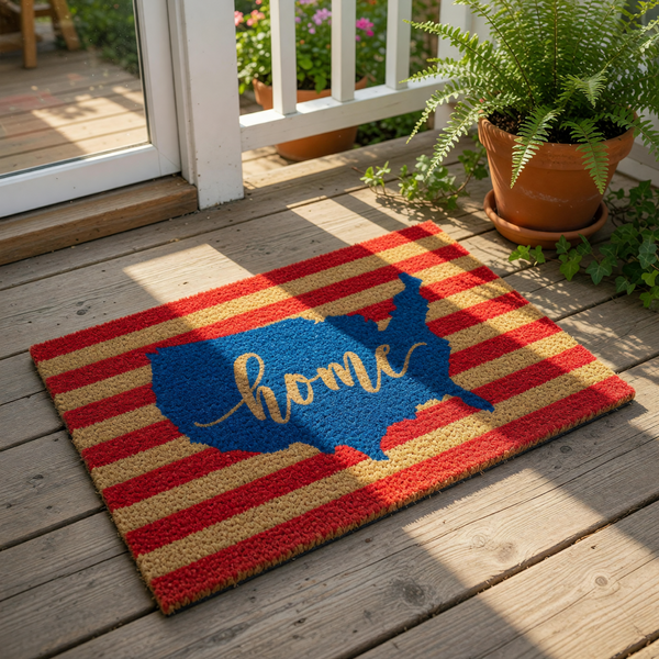 A patriotic-themed doormat with a blue silhouette of the United States and red and gold striped background.