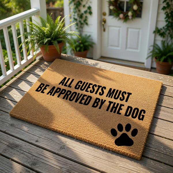A textured doormat with the text "ALL GUESTS MUST BE APPROVED BY THE DOG" printed on it, along with a paw print symbol.