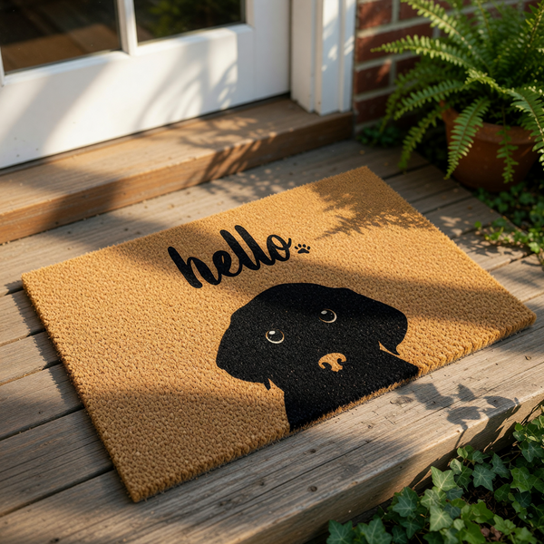 A black dog silhouette with the word "Hello" written above it, placed on a beige doormat.