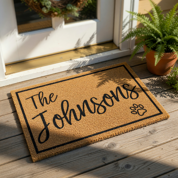 A rectangular, beige-colored doormat with the text "The Johnsons" written in a cursive font.