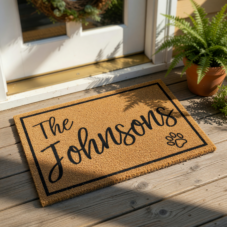 A rectangular, beige-colored doormat with the text "The Johnsons" written in a cursive font.