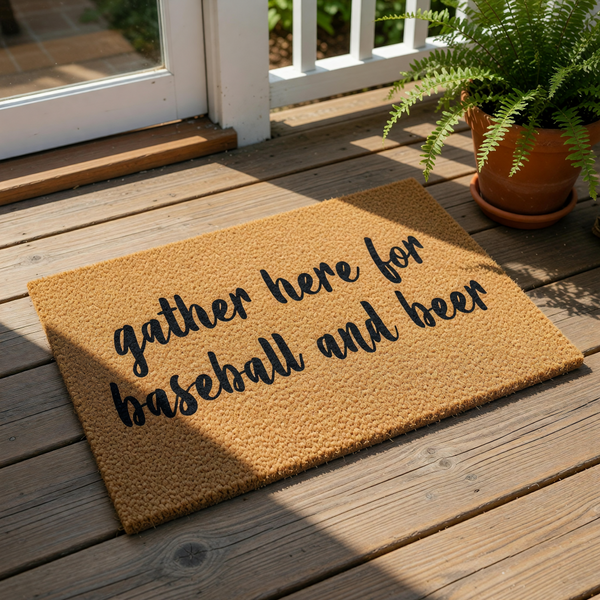 A textured doormat with the phrase "gather here for baseball and beer" printed on it.