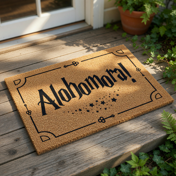 A brown door mat with the text "Alohomora!" printed on it.