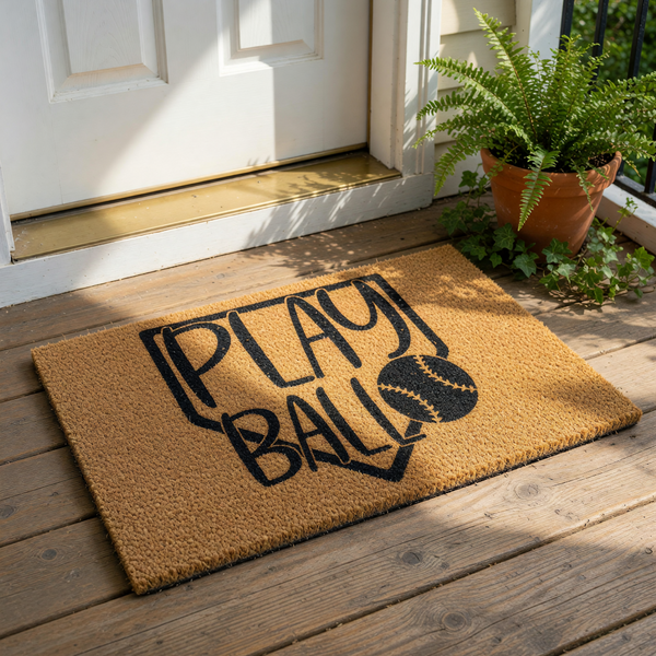 A door mat with the text "PLAY BALL" printed on it, featuring a baseball graphic.