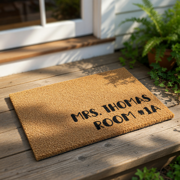 A rectangular, beige-colored doormat with personalized text printed on it.