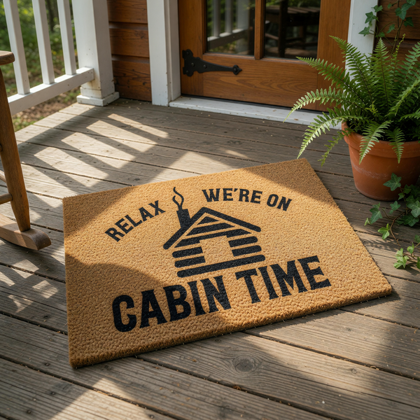 A textured area rug with a black cabin silhouette and the text "Relax, we're on cabin time" printed on it.