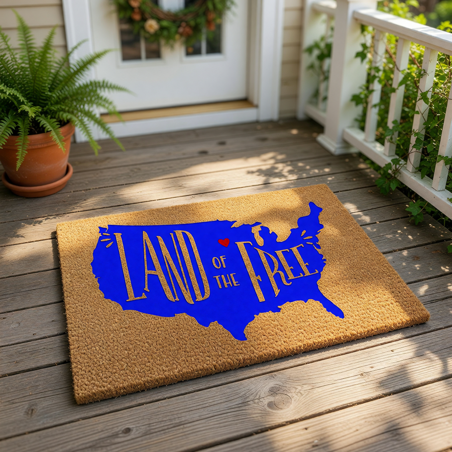 A doormat with a stylized design of the United States of America in blue, with the text "LAND OF THE FREE" written in a bold, decorative font.