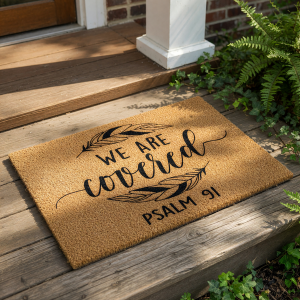A textured area rug with the text "WE ARE COVERED" and "PSALM 91" printed on it.