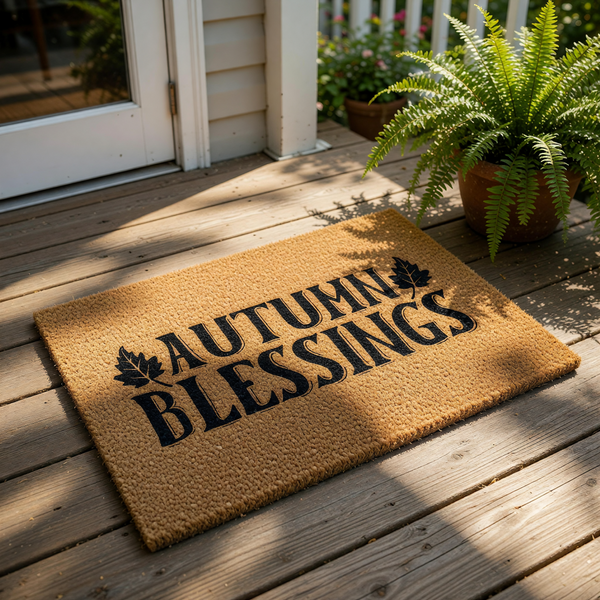 A textured door mat with the words "AUTUMN BLESSINGS" printed on it.