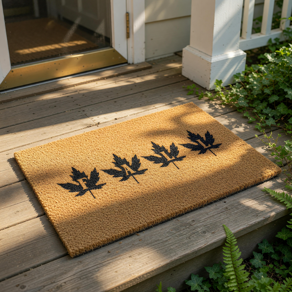 A beige doormat with the word "FALL" printed in black leaf-like shapes.