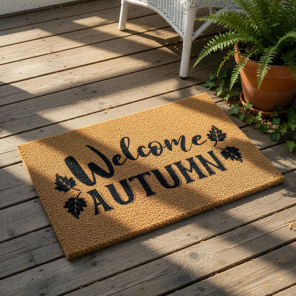 A textured door mat with the text "Welcome Autumn" printed on it.