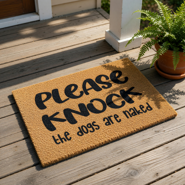 A textured doormat with the message "PLEASE KNOCK THE DOGS ARE NAKED" printed on it.
