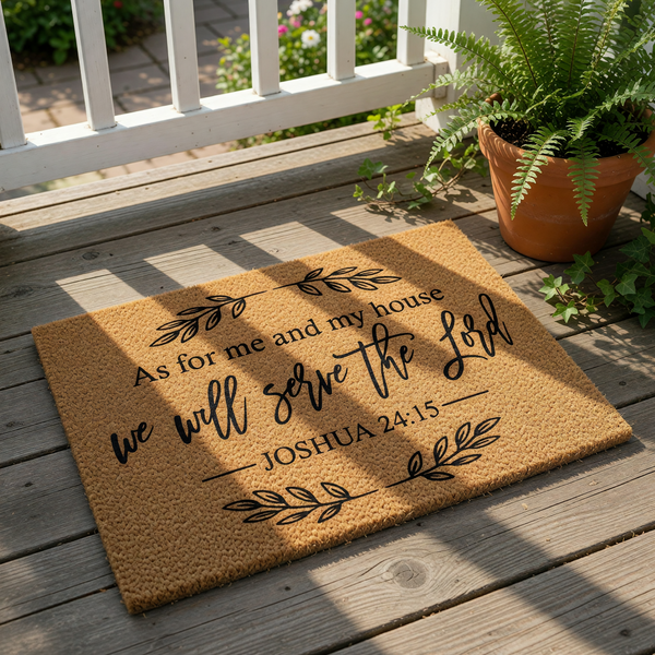 A textured area rug with a decorative border and a quote from the Bible verse Joshua 24:15.