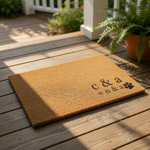 A rectangular, light brown, textured doormat with the text "t & c" and a paw print symbol printed on it.