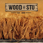 a logo for a company called "Wood by Stu" with a textured background and a wooden plank design.