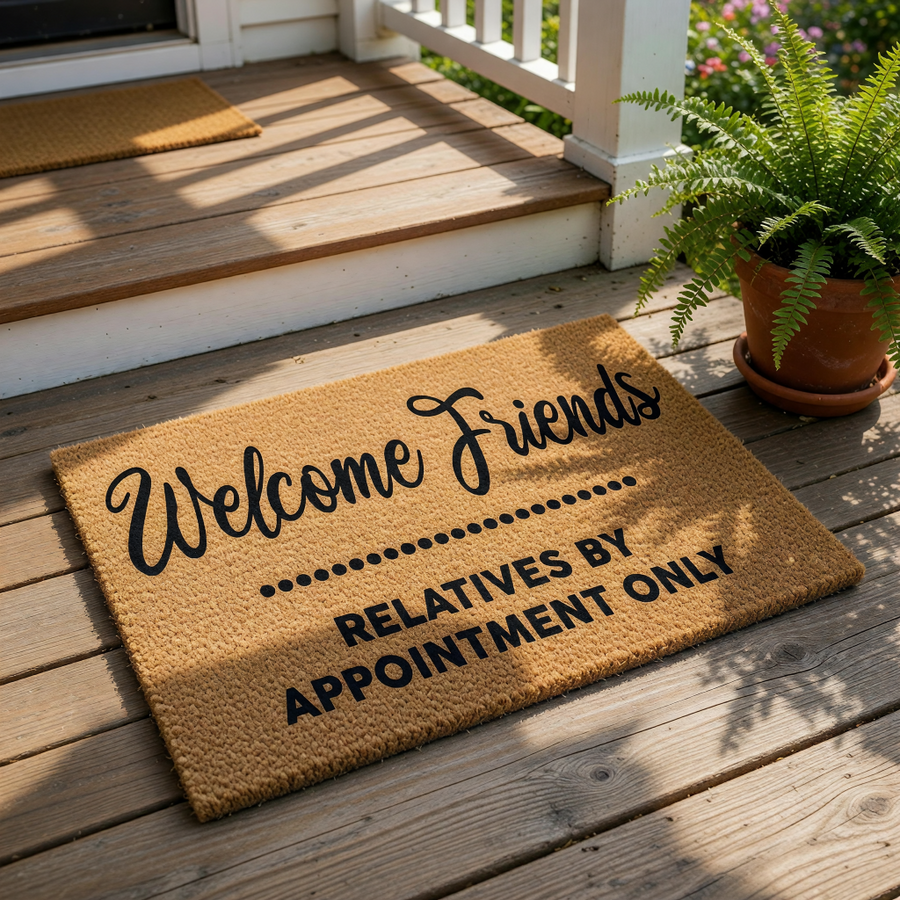 A welcome mat with the text "Welcome Friends" and "Relatives by appointment only" printed on it.