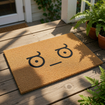 A beige doormat with a simple black line drawing of a face with two eyes and a mouth, resembling a cartoon or cartoon-like expression.