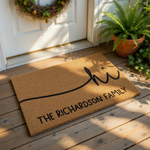 A personalized doormat with the text "Hi" and "The Richardson Family" printed on it.