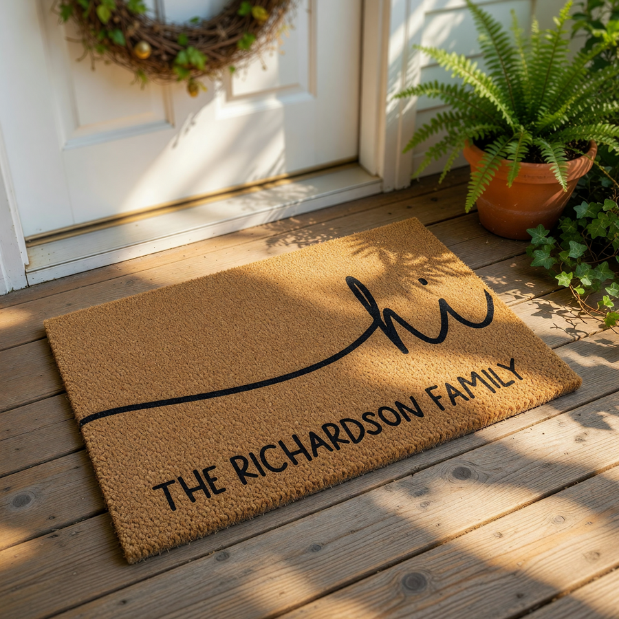 A personalized doormat with the text "Hi" and "The Richardson Family" printed on it.