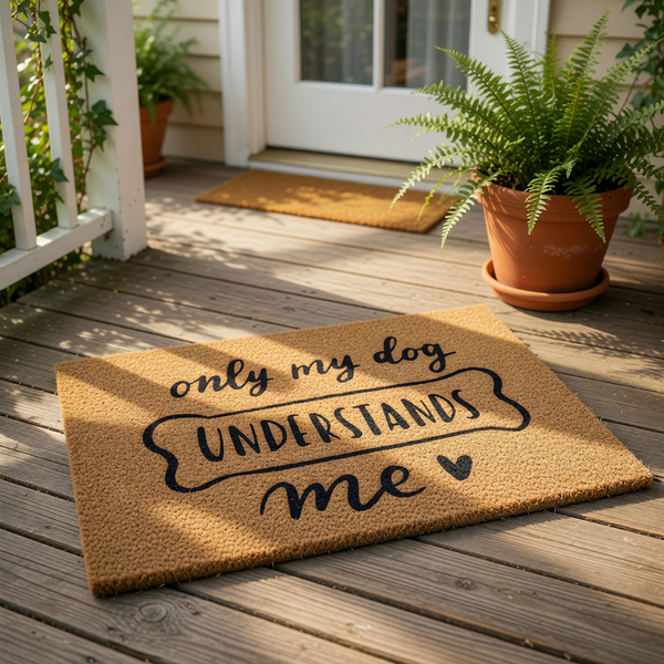 A textured doormat with the phrase "only my dog understands me" printed on it.