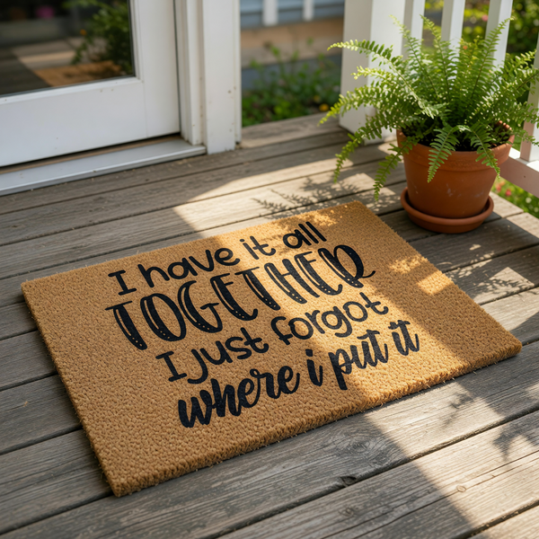 a textured door mat with the phrase "I have it all together, I just forgot where I put it" written on it.