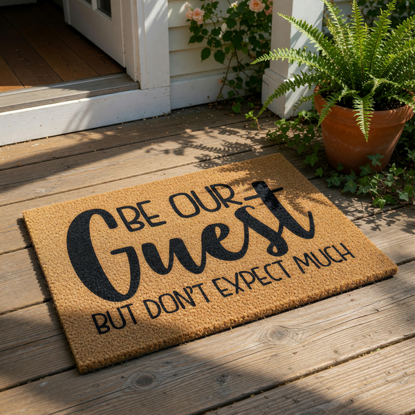 A textured doormat with the text "Be Our Guest, But Don't Expect Much" printed on it.