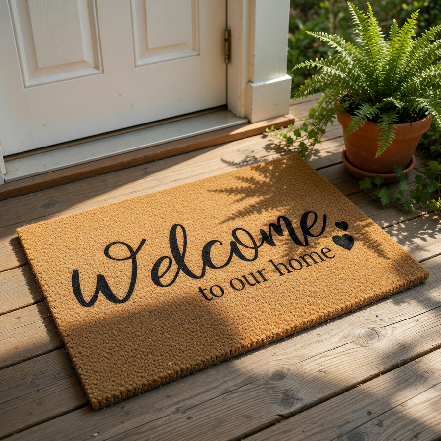 A textured, beige-colored welcome mat with the text "Welcome to our home" printed on it.