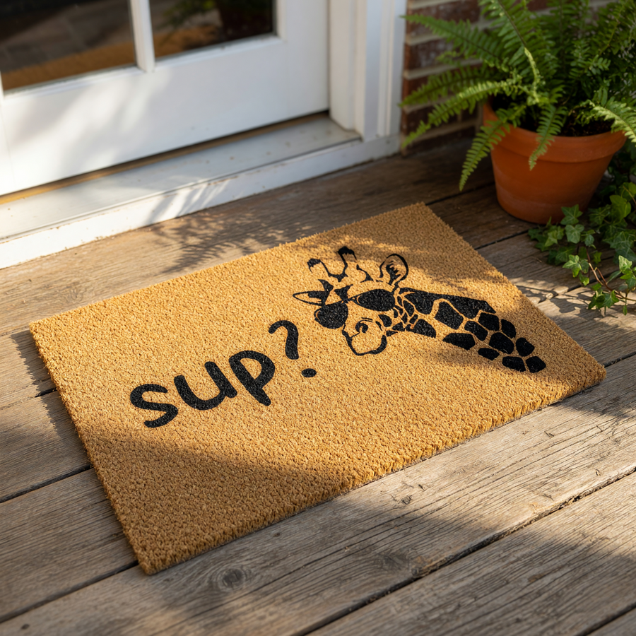 A door mat with a giraffe wearing sunglasses and the text "SUP?" printed on it.